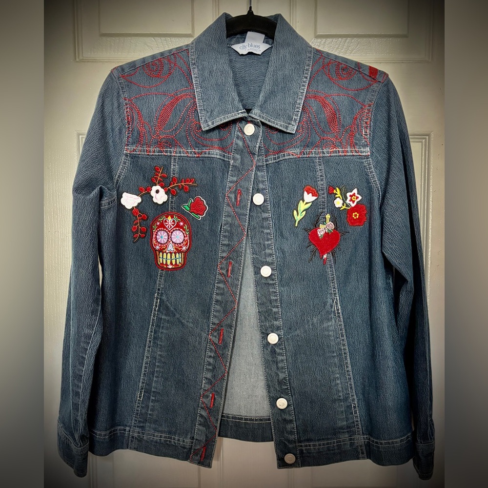 Women's Red Embroidered Blue Denim Jacket with Colorful Floral, & Skull Patches
